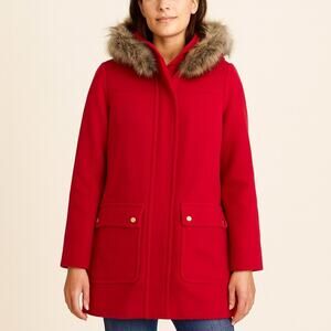 J Crew Vail Parka Coat Electric Red Wool Blend Faux Fur Trim